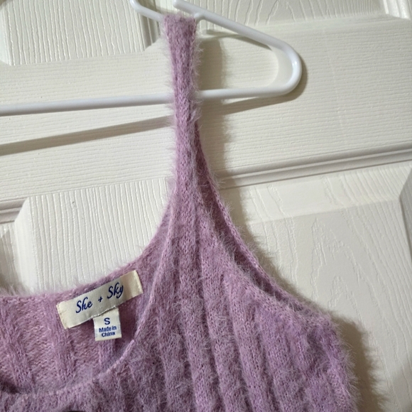 She + Sky Cropped Lavender Fuzzy Eyelash Ribbed Sweater Tank, Button Detail, EUC - Picture 4 of 6